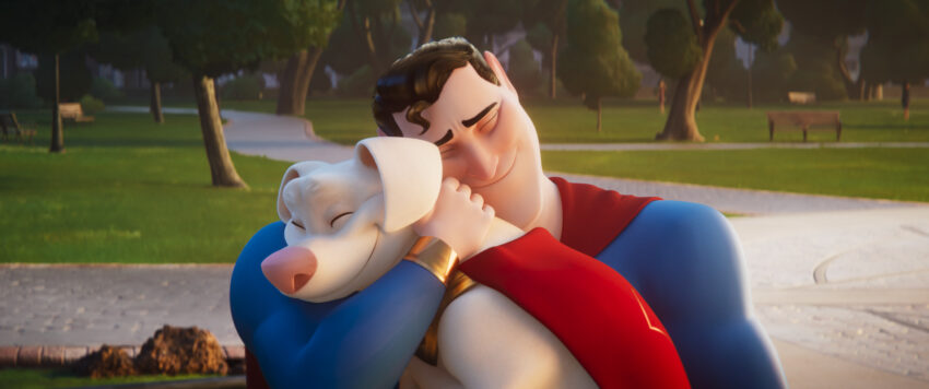 Krypto and Superman hugging in DC League of Super-Pets