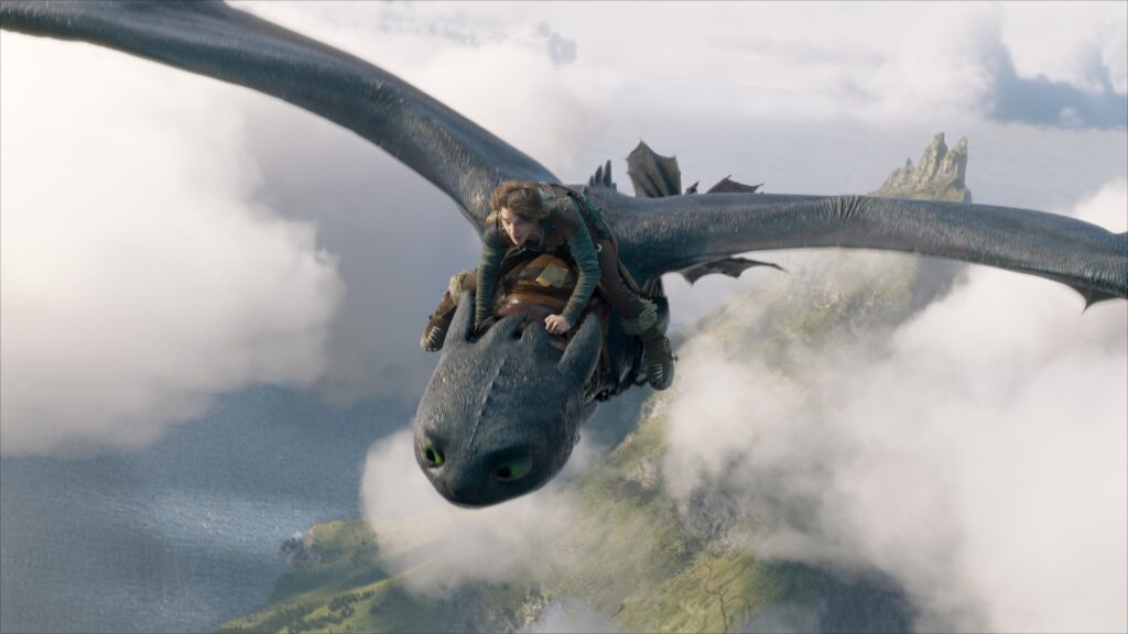 Hiccup and Toothless flying in How To Train Your Dragon now showing in cinemas