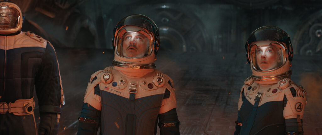 Reed Richards, Sue Storm and Ben Grimm in The Fantastic Four: First Steps