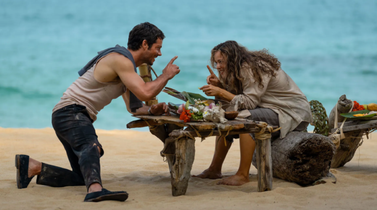 Linda and Bradley sharing a meal on the island
