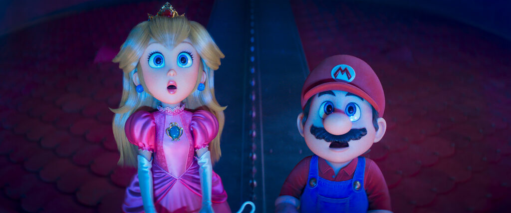 Mario and Princess Peach with startled expression in The Super Mario Galaxy Movie